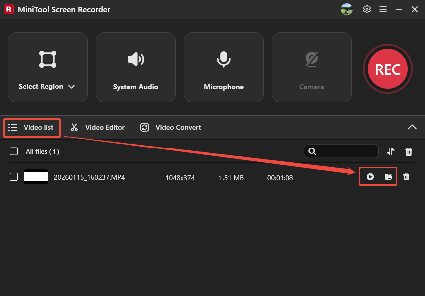 MiniTool Screen Recorder interface with the Play icon and the Folder icon selected under the Video list tab.