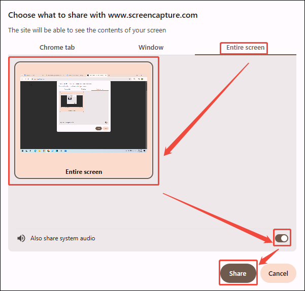 Movavi Screen Capture recording type window showing how to set full screen recording and start recording.