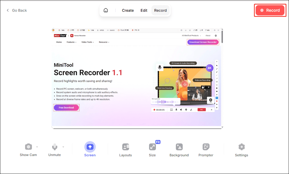 Veed.io recording interface with the Record button selected.