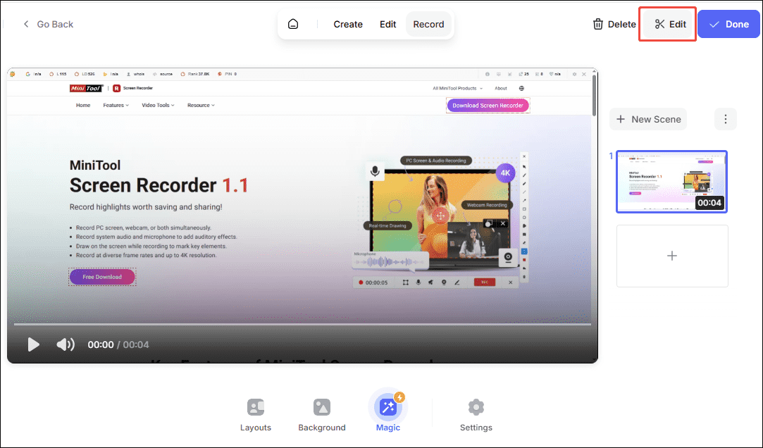 Veed.io recording interface with the Edit option selected.