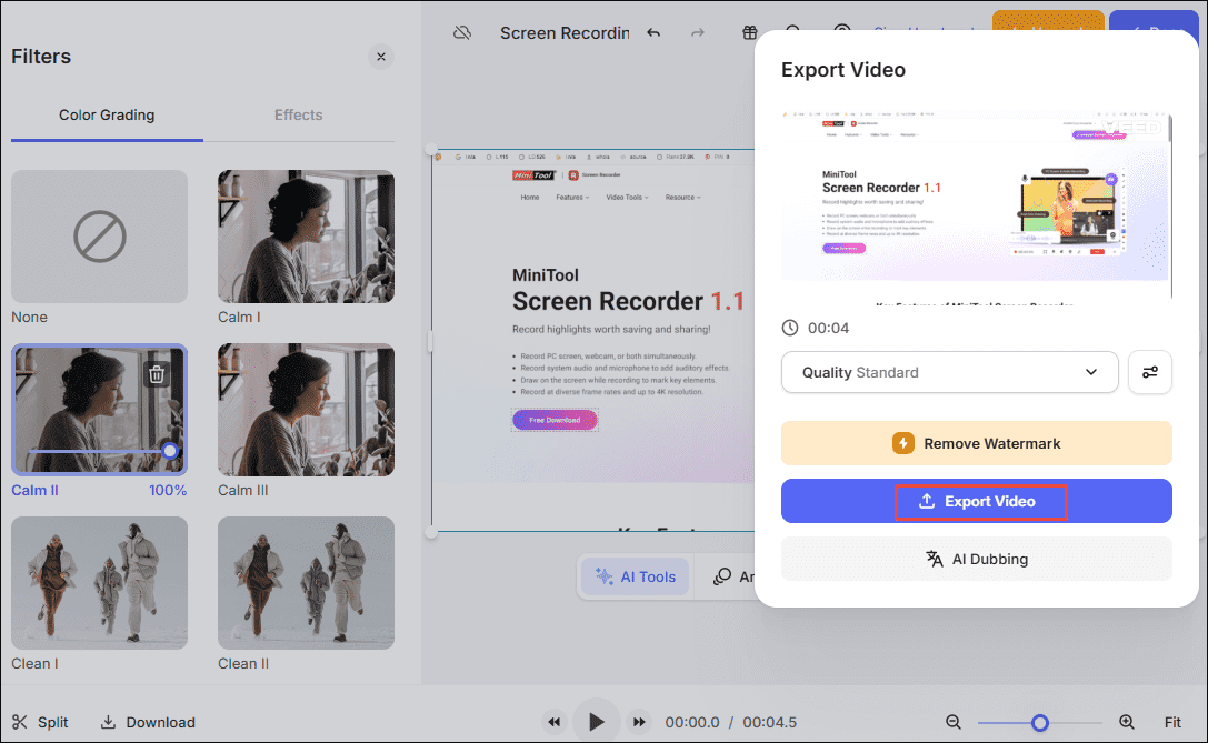 Veed.io recording interface with the Export Video option selected.