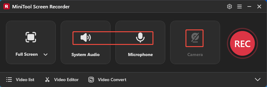 MiniTool Screen Recorder interface with the System Audio icon and the Microphone icon and the Camera icon selected.