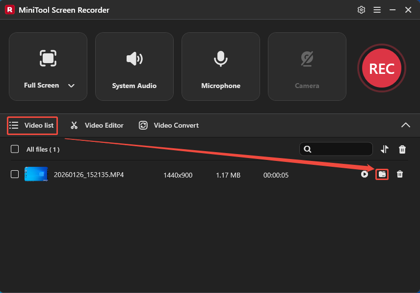 MiniTool Screen Recorder interface showing how to check the recorded video.