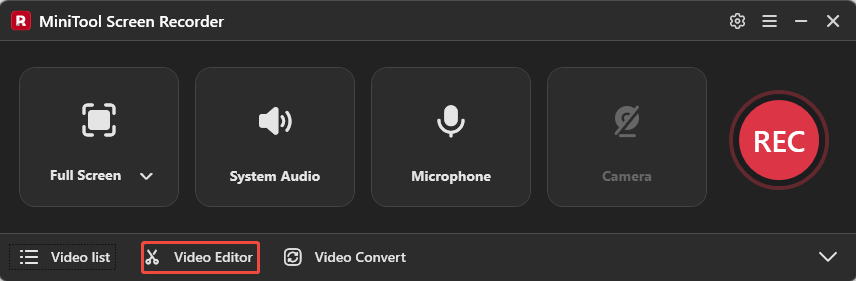 MiniTool Screen Recorder interface with the Video Editor option selected.
