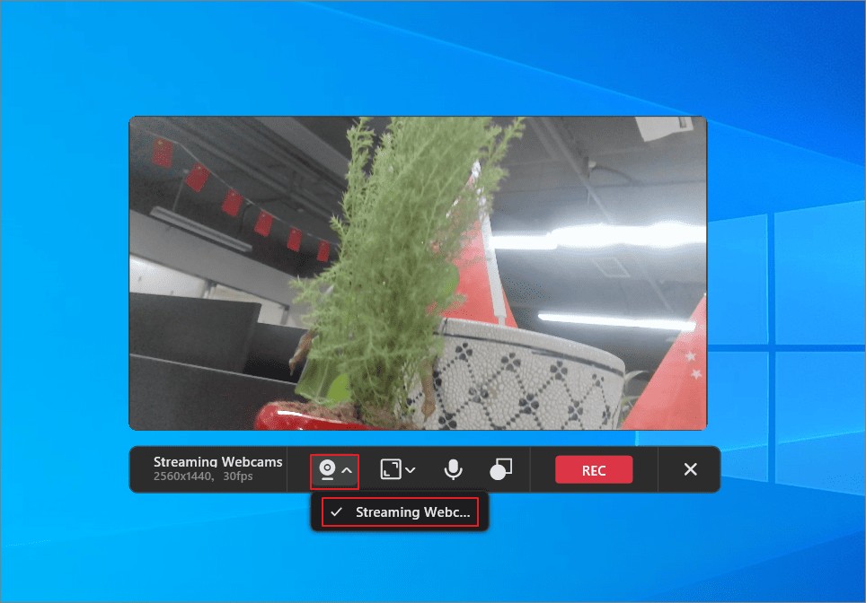 MiniTool Screen Recorderのカメラ画面でカメラハードウェアを選択している画面