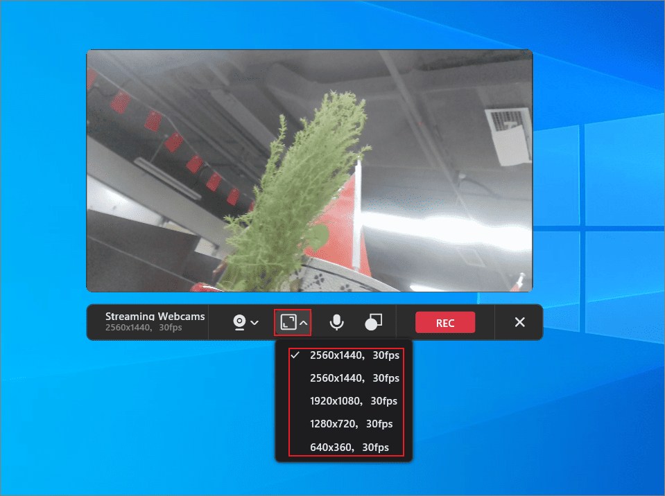 MiniTool Screen Recorderカメラ録画の解像度とフレーム レートを設定する画面