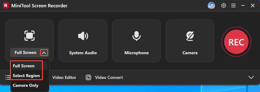 MiniTool Screen Recorder interface that shows how to select the recording area.