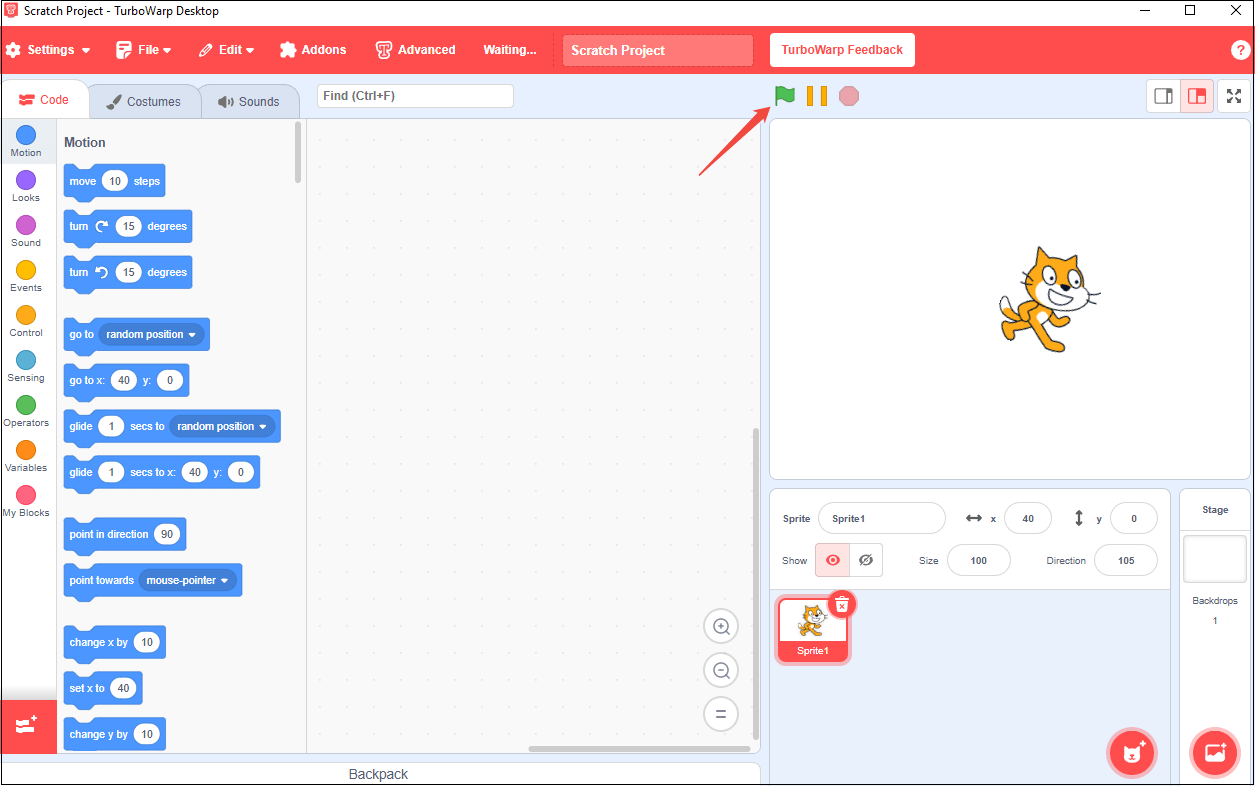 TurboWarp interface with an arrow pointed to the green flag icon.