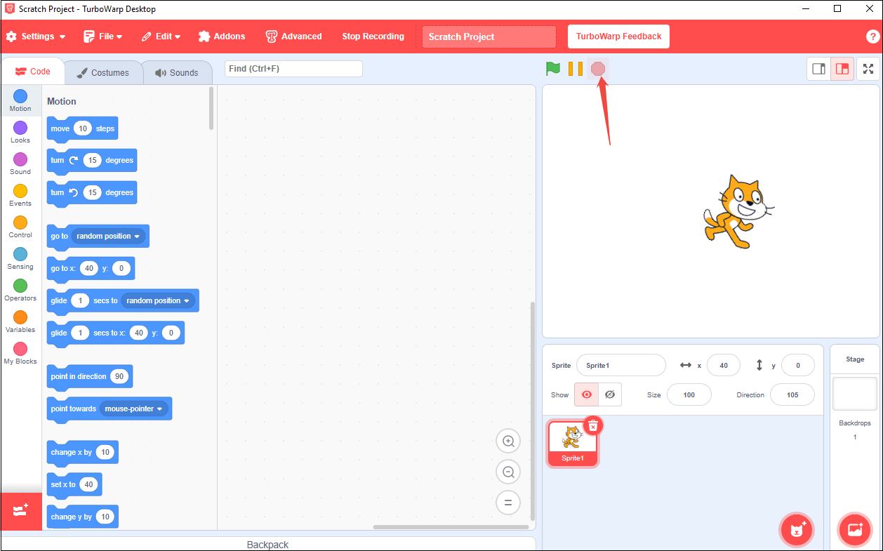 TurboWarp interface with an arrow pointed to the Stop recording icon.