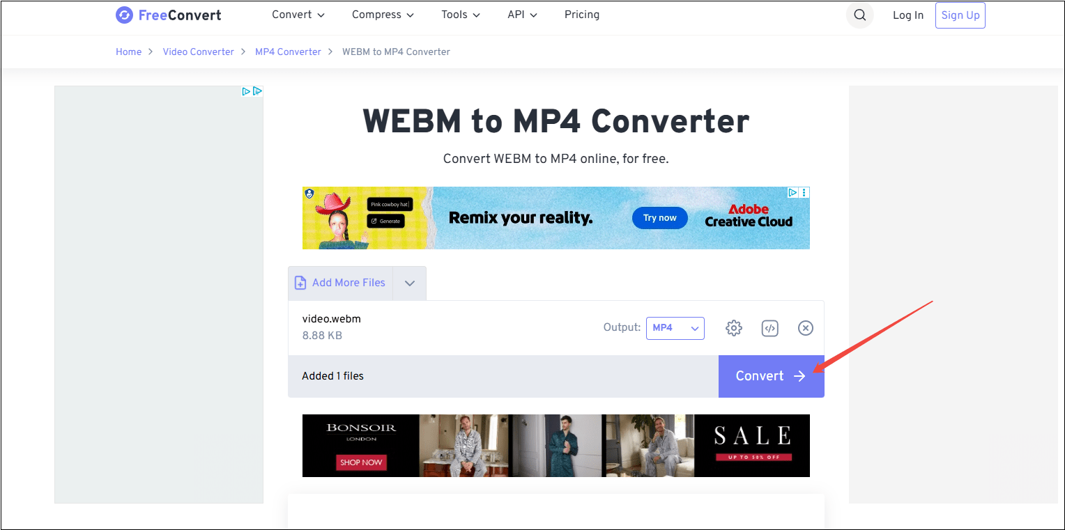 FreeConvert interface with the Convert option selected.