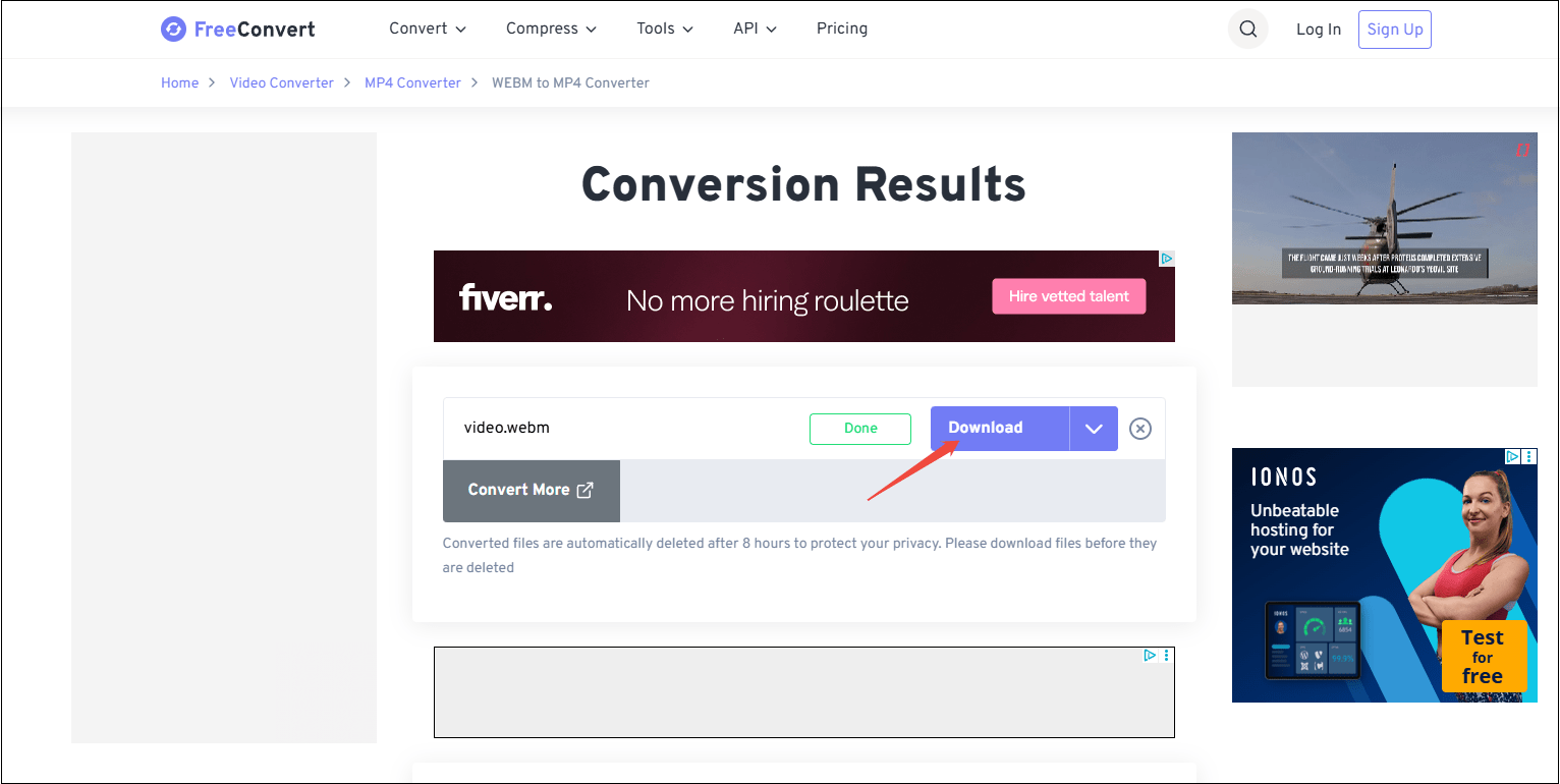 FreeConvert interface with the Download option selected.