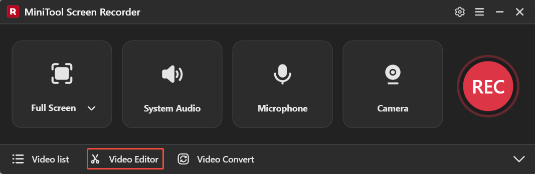 MiniTool Screen Recorder interface with the Video Editor option selected.