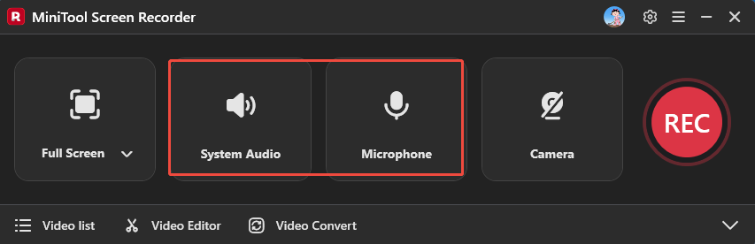 MiniTool Screen Recorder interface with the System Audio icon and Microphone icon selected.