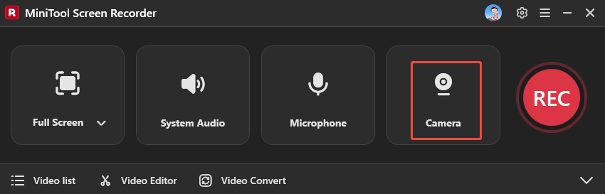 MiniTool Screen Recorder interface with the Camera icon selected.