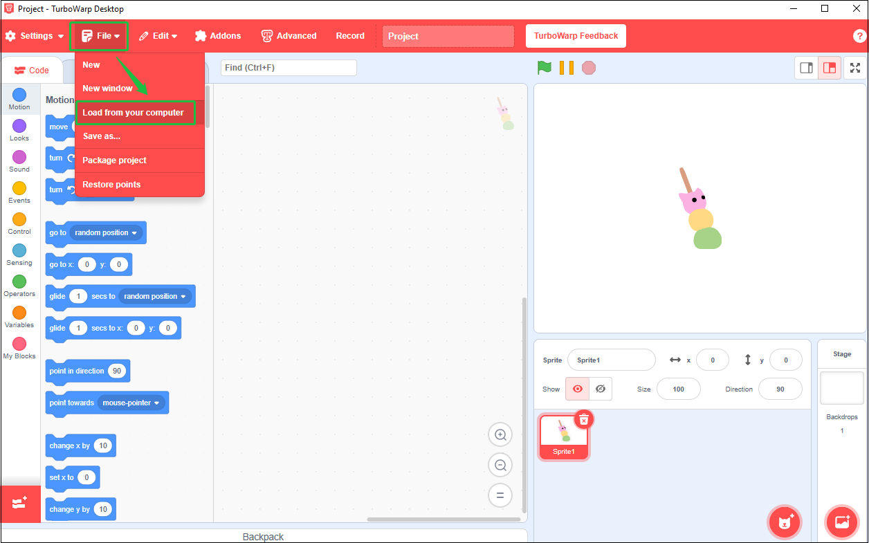 TurboWarp interface showing how to import an SB3 file.