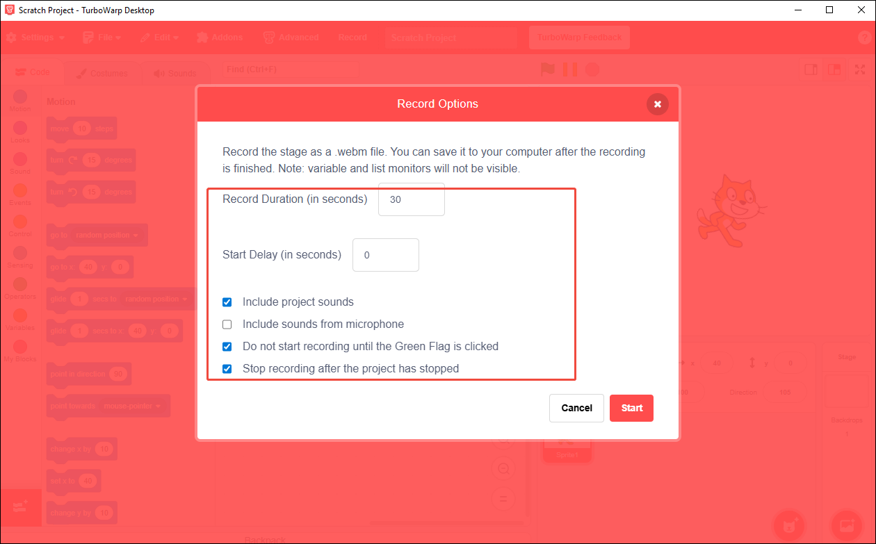 TurboWarp interface showing how to customize recording settings.