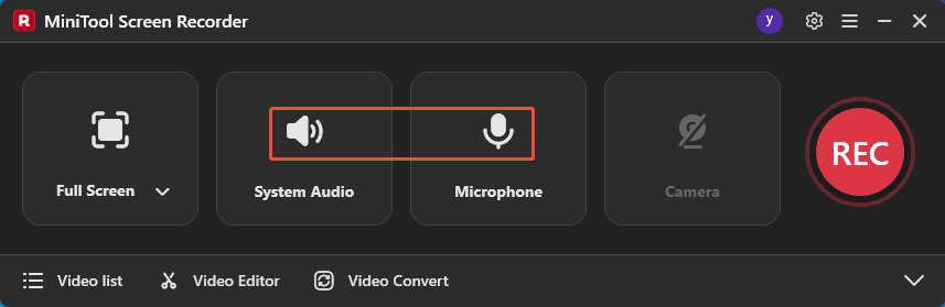 MiniTool Screen Recorder interface with the System Audio and Microphone options selected.