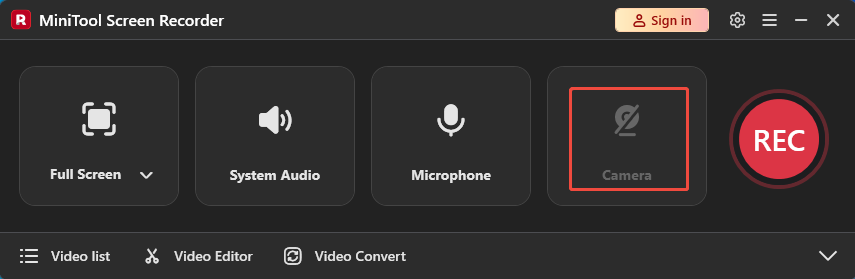 MiniTool Screen Recorder interface with the Camera icon selected.