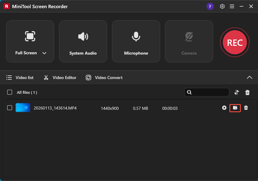 MiniTool Screen Recorder interface with the folder icon selected.