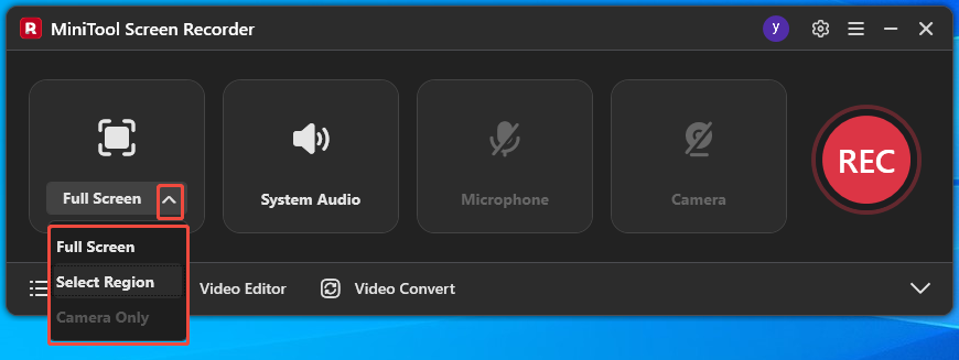 MiniTool Screen Recorder interface with the recording section options expanded.