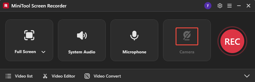 MiniTool Screen Recorder interface with the Camera icon selected.