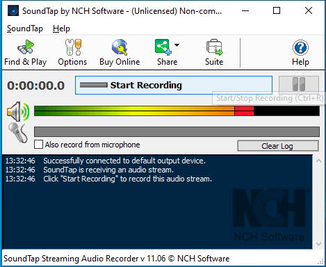 The main interface of SoundTap Streaming Audio Recorder