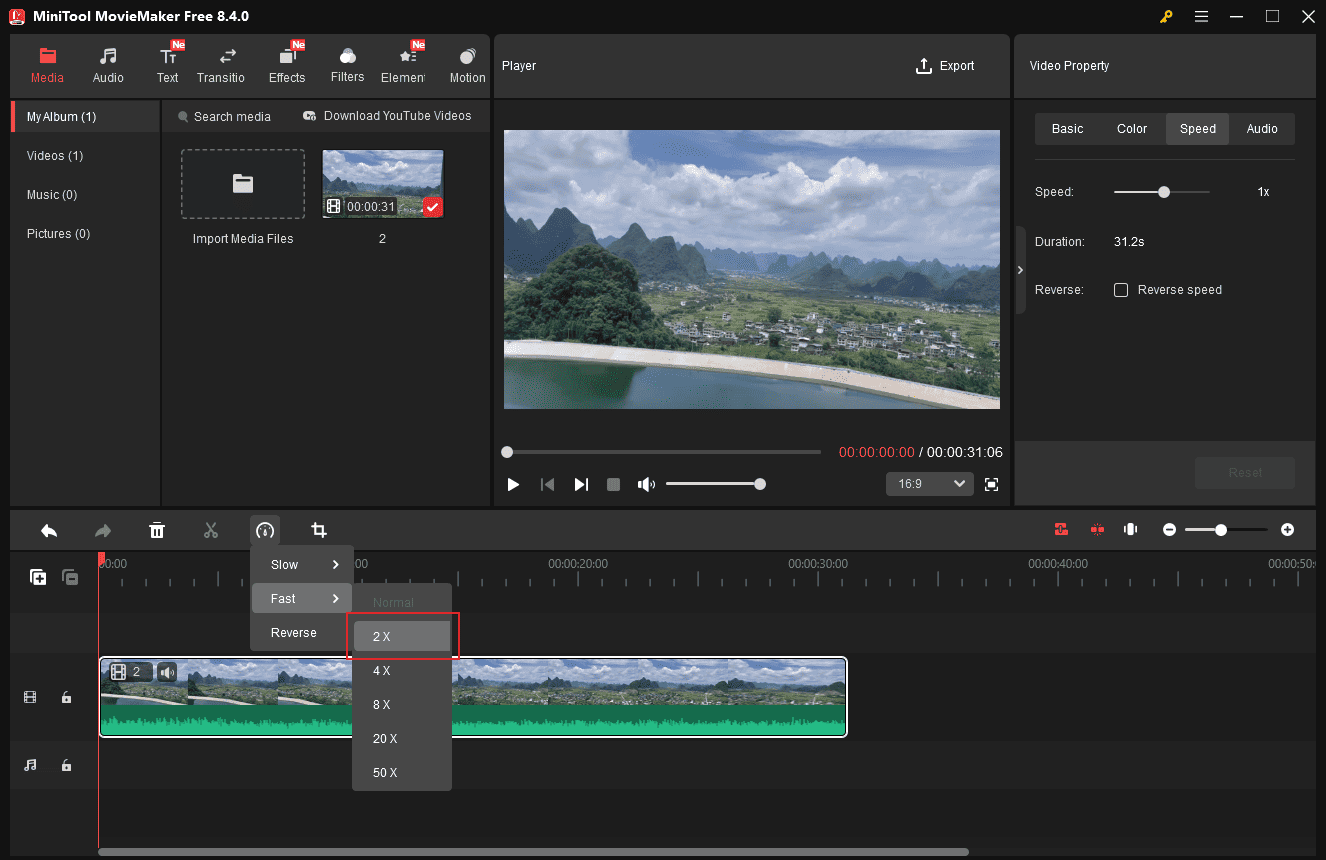 MiniTool MovieMaker interface with the selected 2X option from the Speed dropdown list.