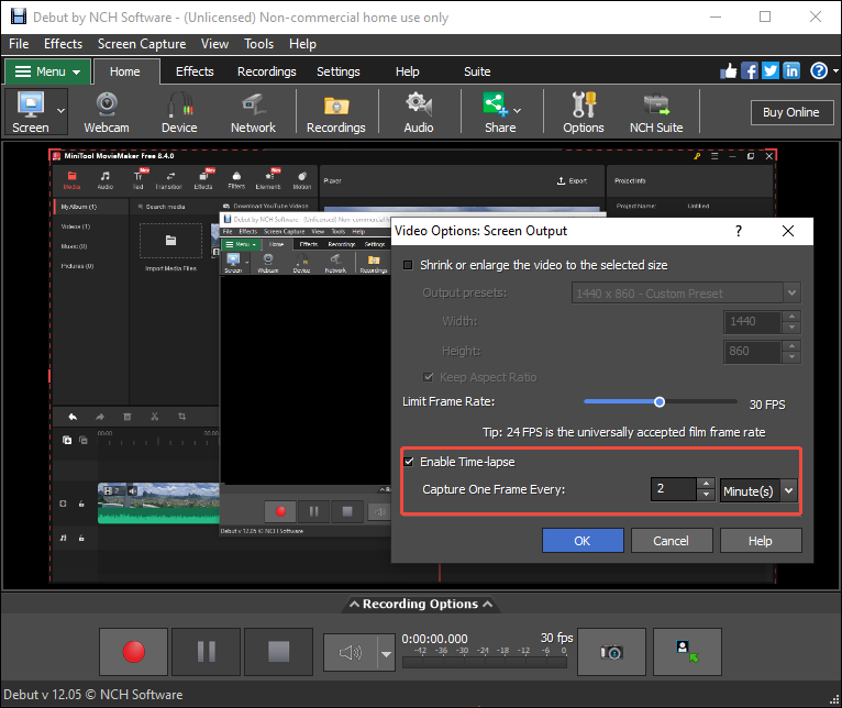 Debut Video Capture Software interface with the highlighted Enable Time-lapse option.