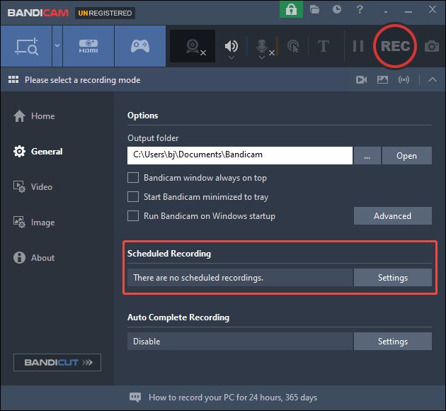 Bandicam interface with the highlighted Scheduled Recording option.