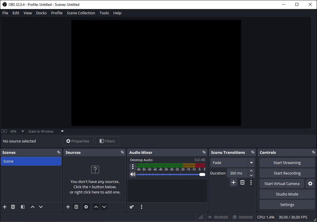 The main interface of OBS Studio.