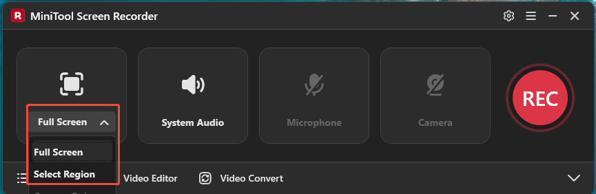 MiniTool Screen Recorder interface with the selected Full Screen option.