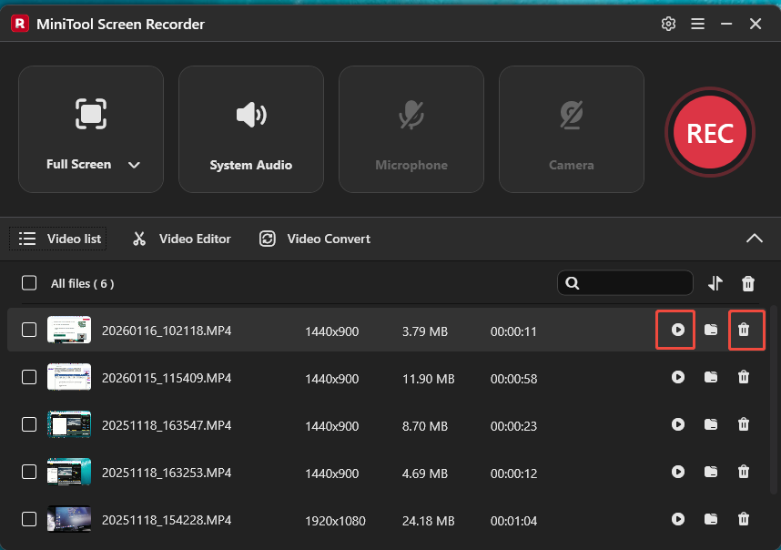 MiniTool Screen Recorder with the highlighted Play and Download icons.