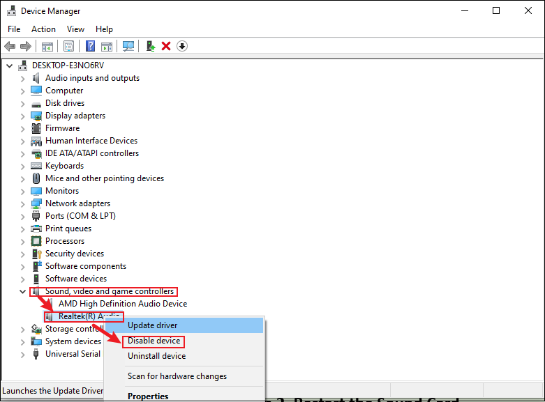 Windows Device Manager interface that shows how to disable the sound card.