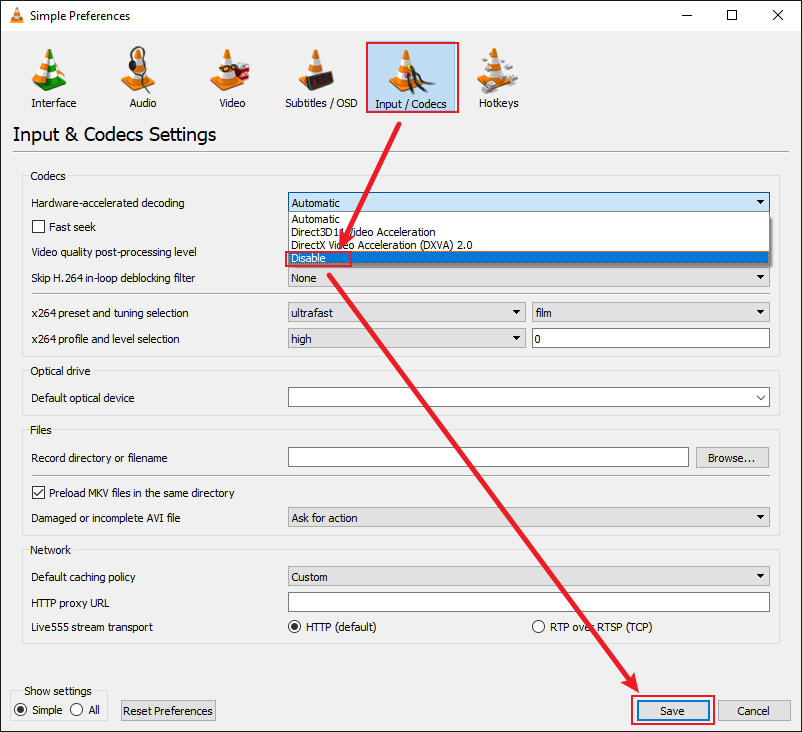 VLC Simple Preferences interface showing how to disable video acceleration.