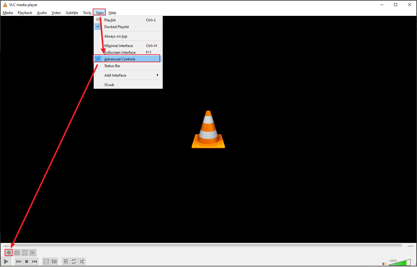 VLC interface that shows how to open the advanced controls to find the record button.