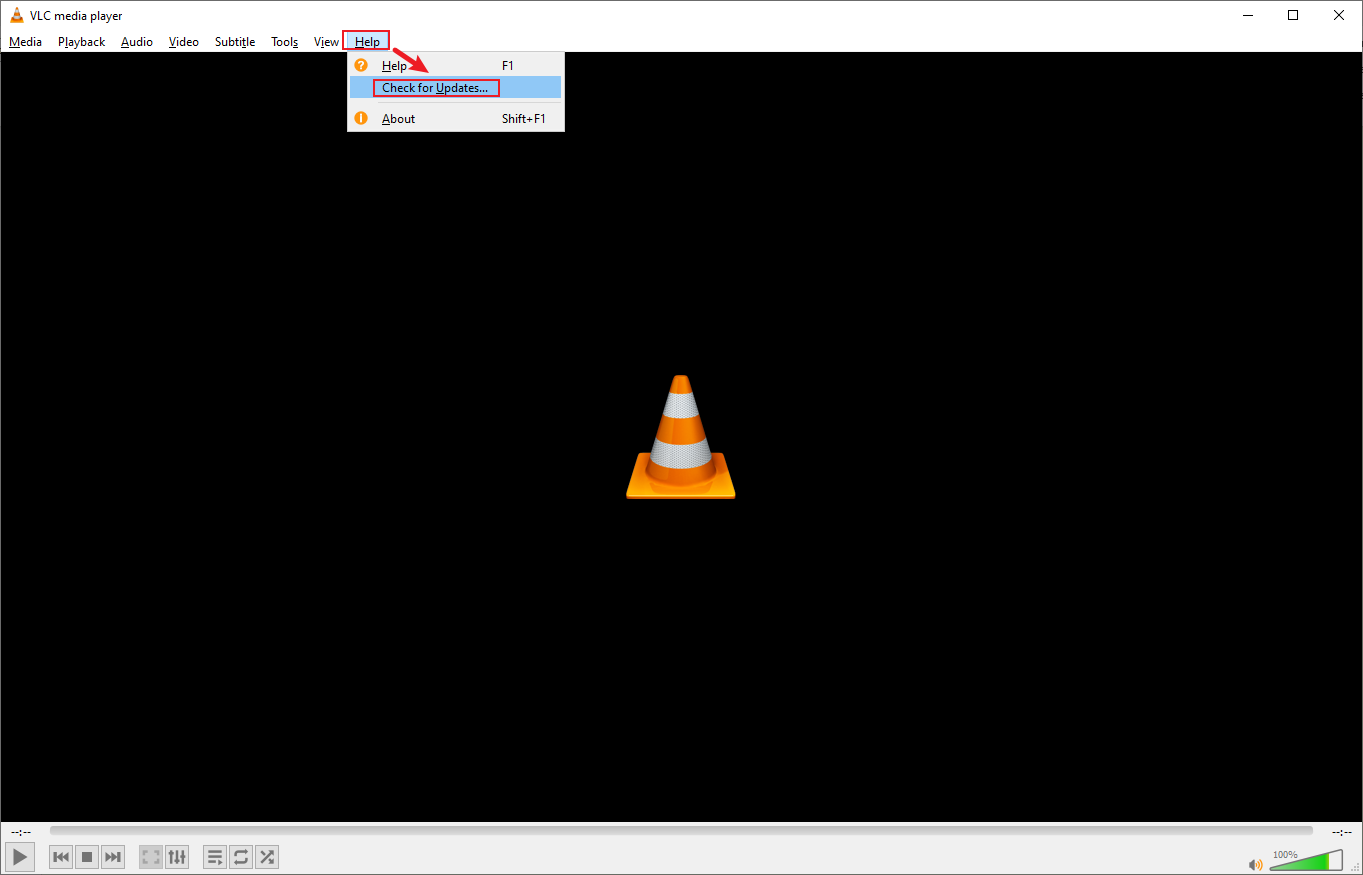 VLC interface showing how to check for updates.
