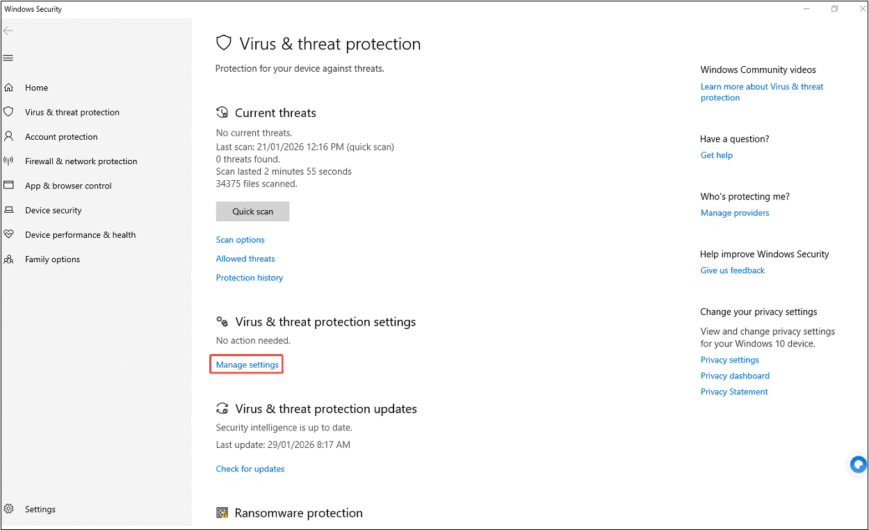 Windows Security interface with the Manage settings option selected under Virus & threat protection.
