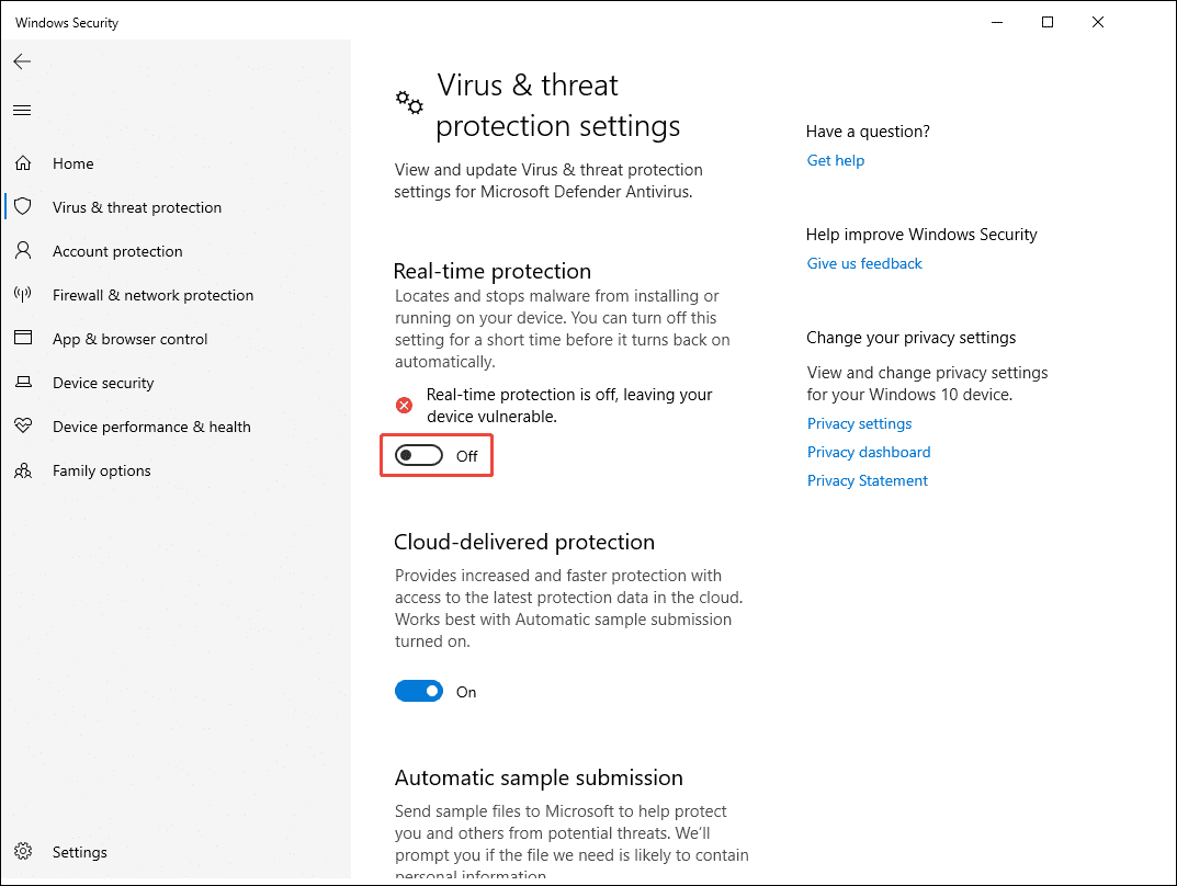 Windows Security interface with the real-time protection button closed under Virus & threat protection settings.