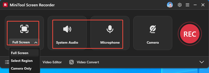 MiniTool Screen Recorder interface showing how to set the recording area and audio.