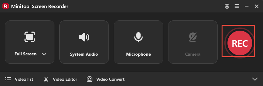 MiniTool Screen Recorder interface with the REC button selected.