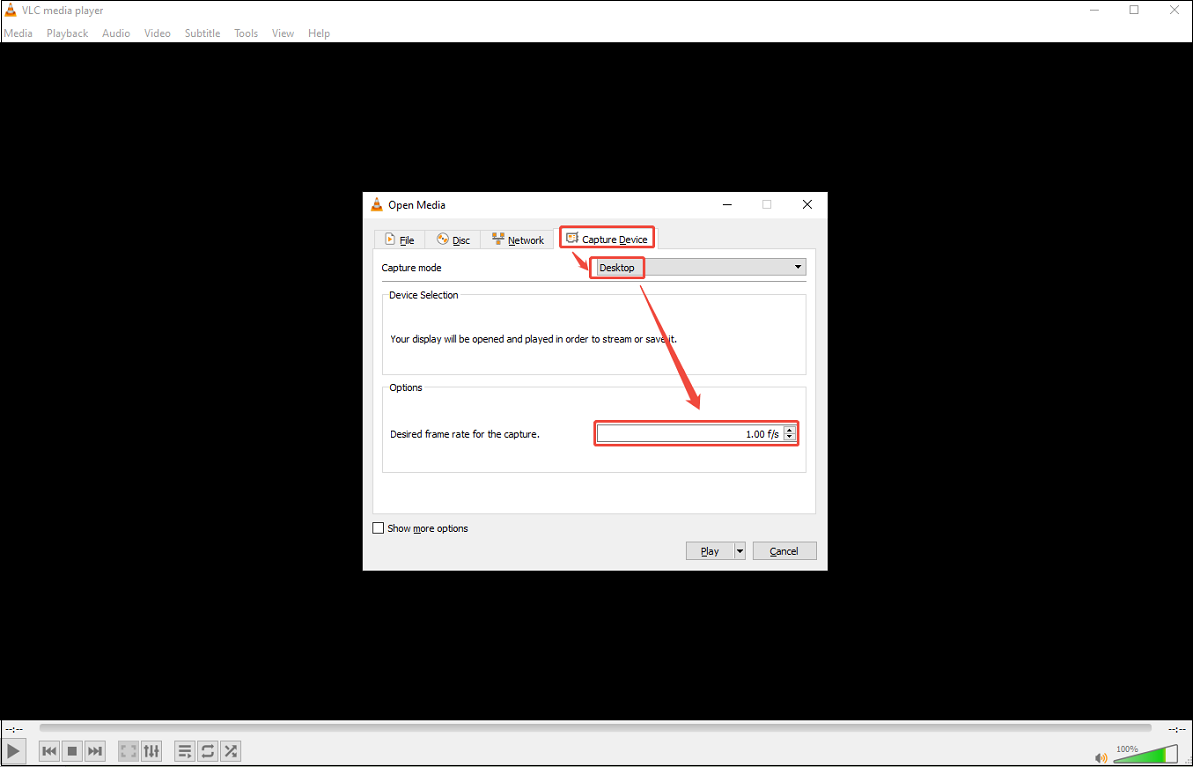 VLC interface showing how to choose capture mode and frame rate under the Open Media pop-up window.
