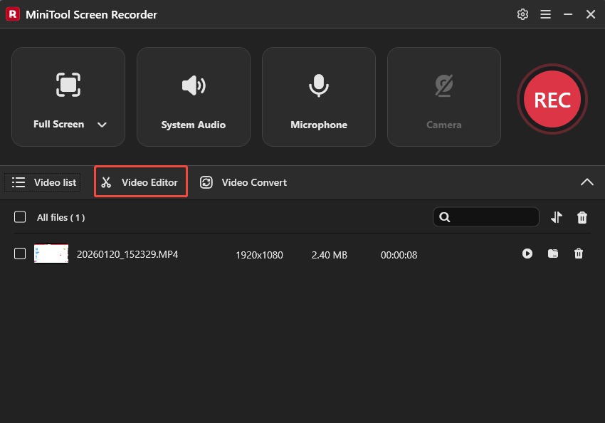 MiniTool Screen Recorder interface with the Video Editor option selected.