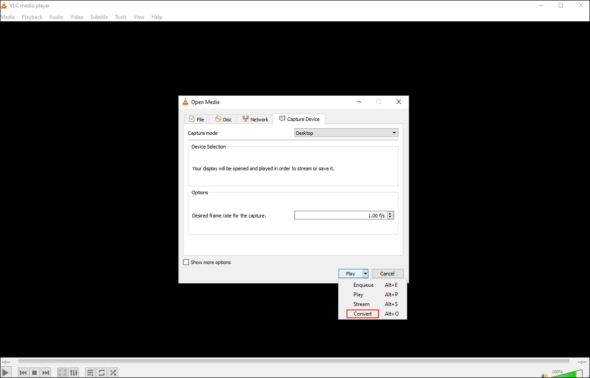 VLC interface with the Convert button selected under the Open Media pop-up window.