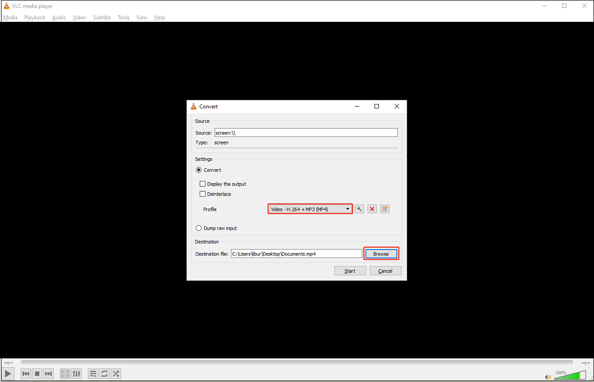 VLC interface showing how to choose an output format and save path under the Convert pop-up window.