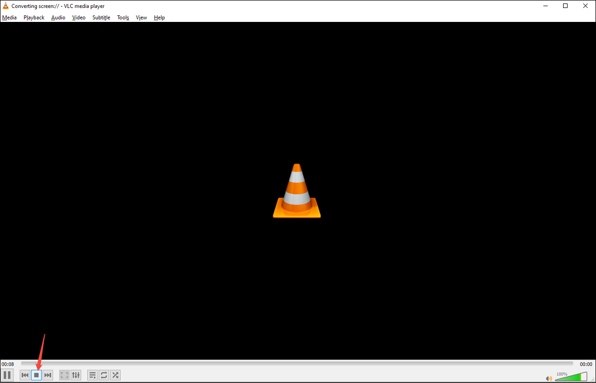 VLC interface with an arrow pointed to the Stop recording button.