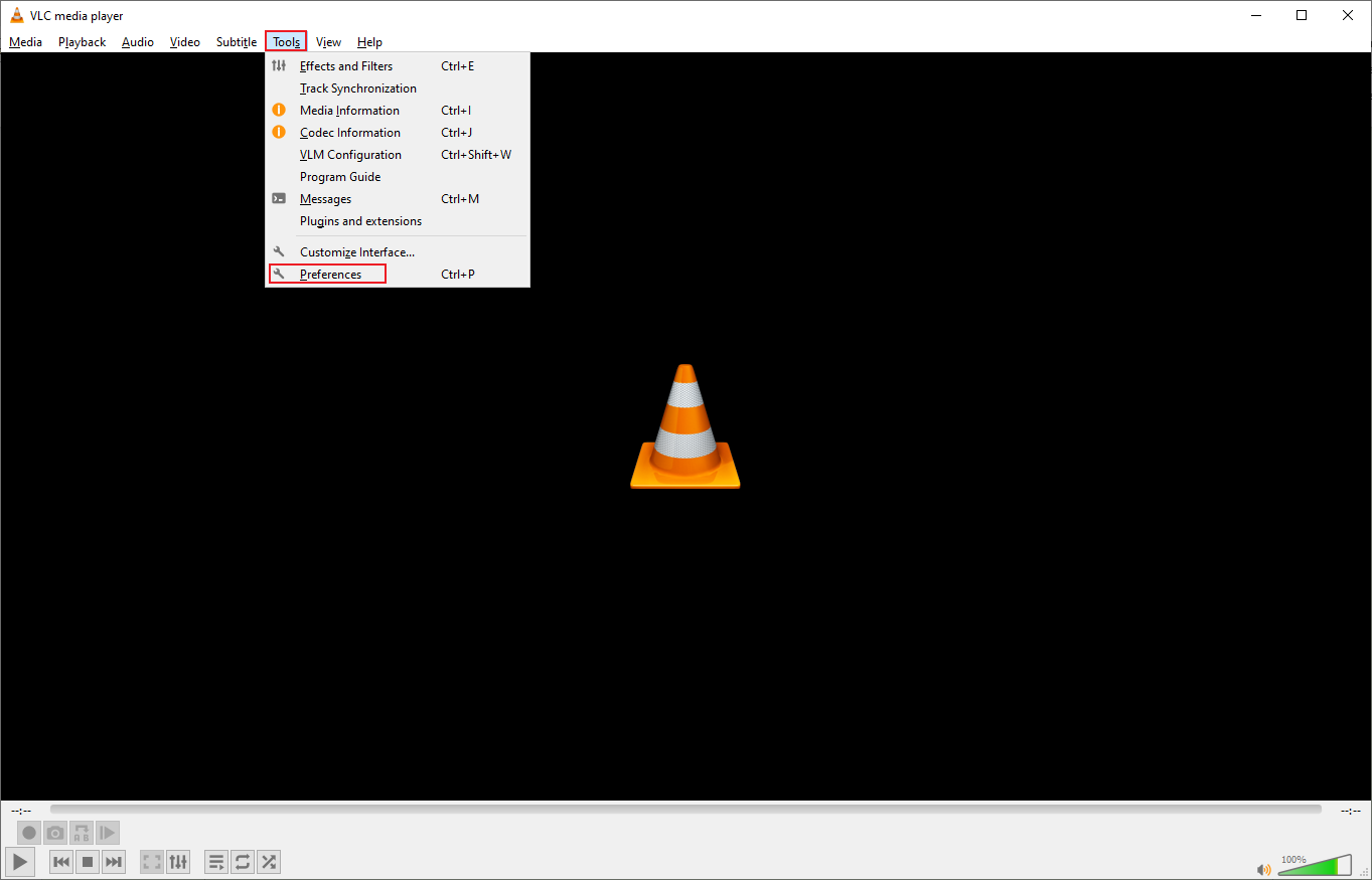 VLC interface showing how to open the Simple Preferences window.
