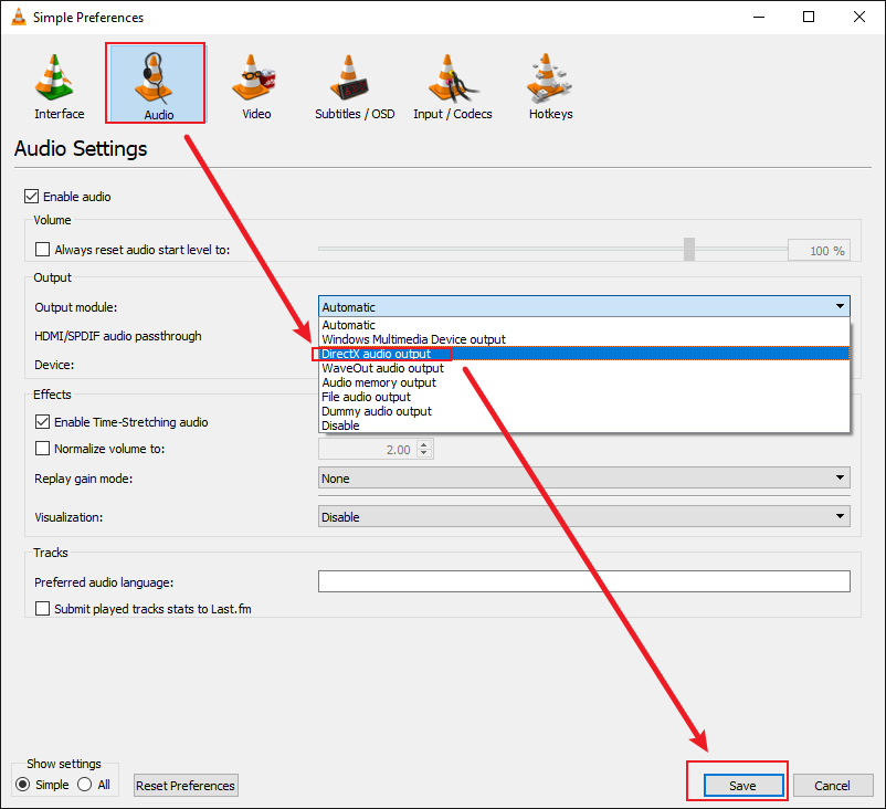 VLC Simple Preferences interface showing how to change the audio output module.