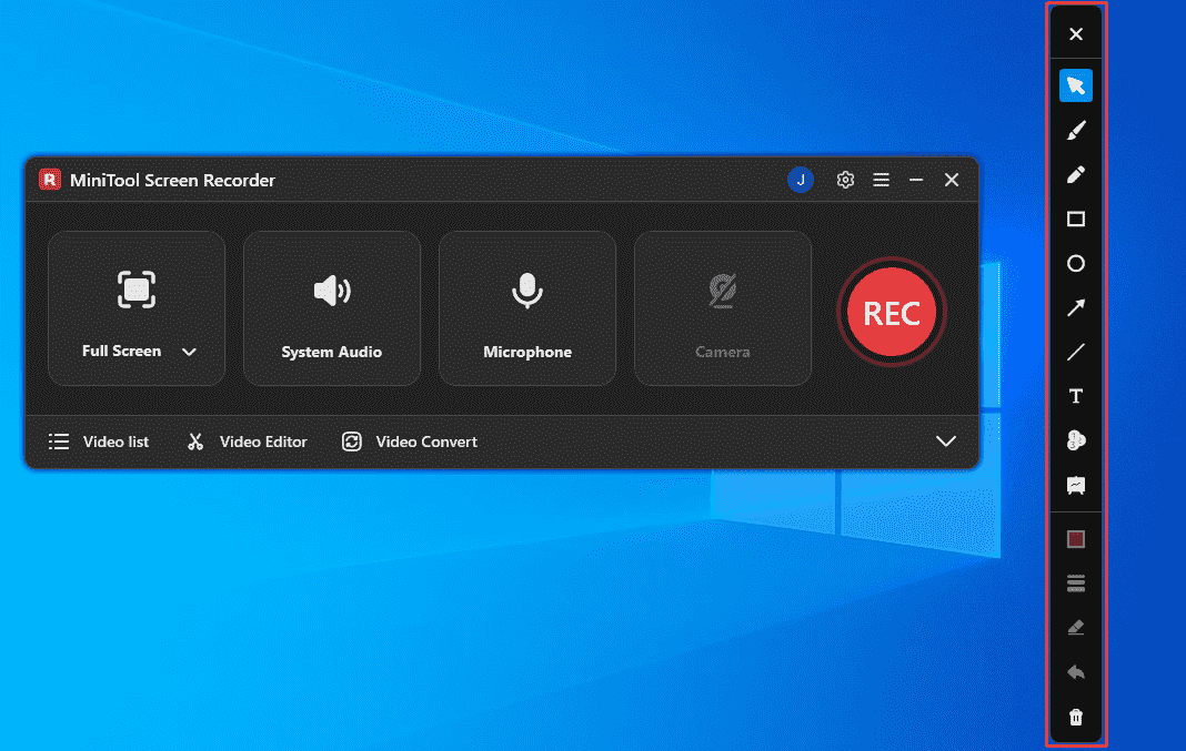 MiniTool Screen Recorder interface with the annotation toolbar selected.