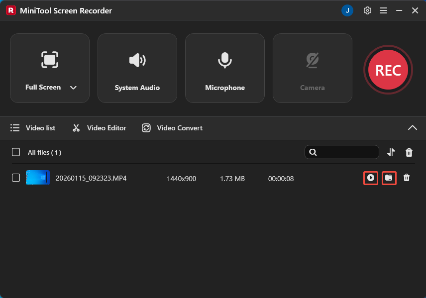 MiniTool Screen Recorder interface with the Play icon and Folder icon selected.