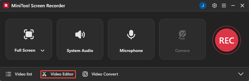 MiniTool Screen Recorder with the Video Editor option selected.